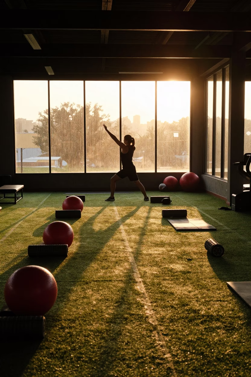 Silhouette on Turf Lanes at Sunset in Huánuco in inside a recovery lounge beside foam rollers near Huánuco