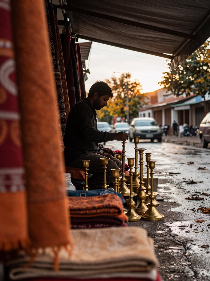 Silhouette Vendor Polishing Brass Candlesticks in at a textile trader's stall in Colina