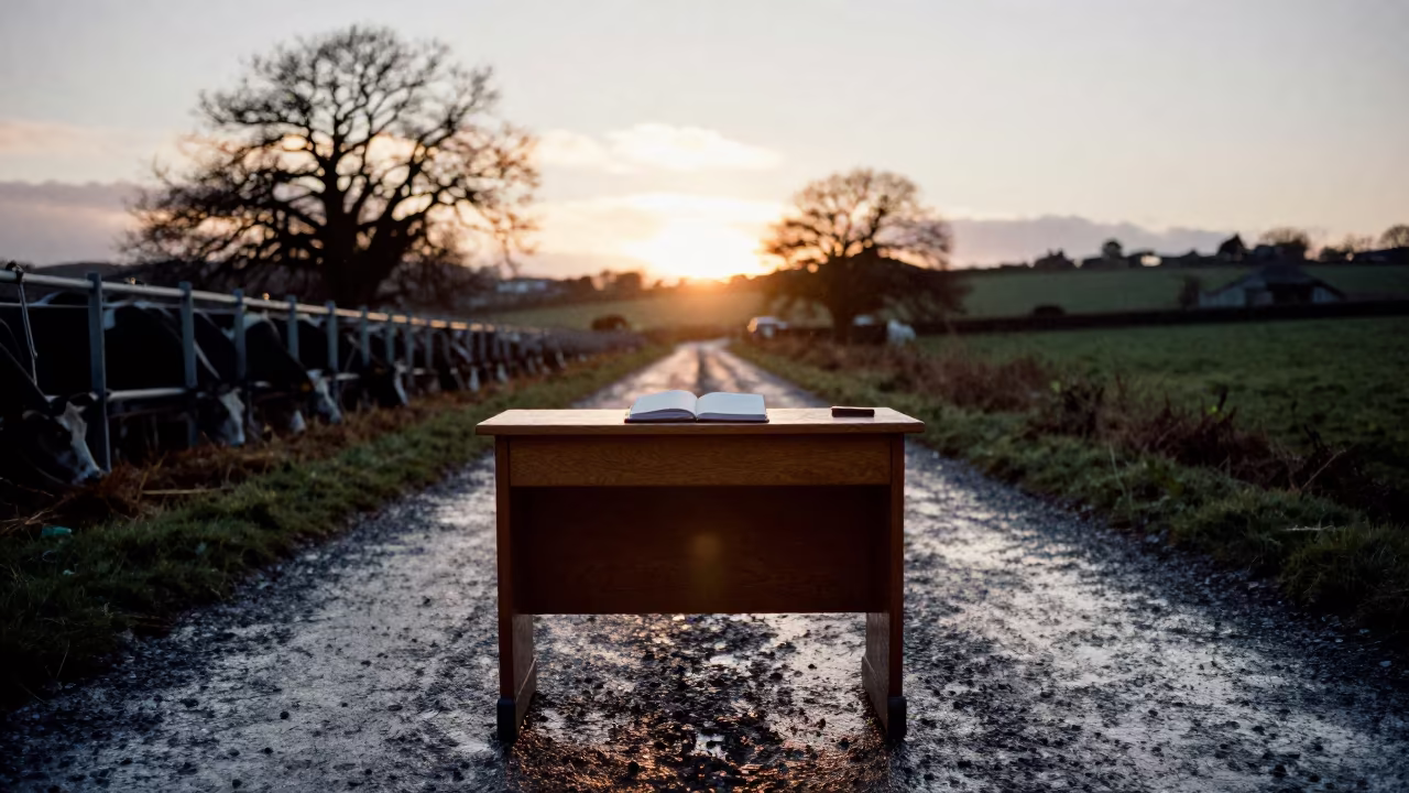 Silhouette of Welsh Feedlot Desk at Dusk in along a feedlot lane in Wales