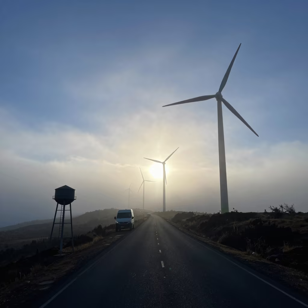 Silhouette Wind Farm Road Blue Hour Fog in beside a water tower ladder near Malakal