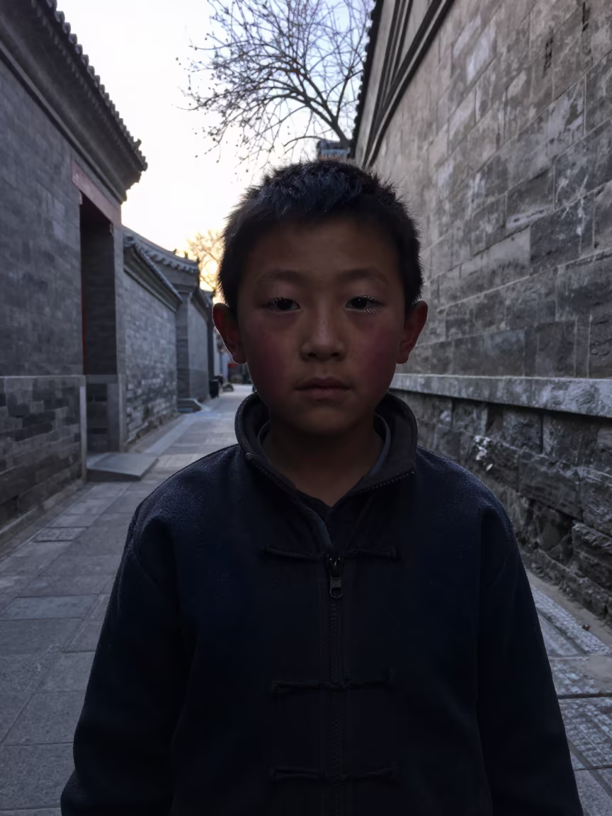 Silhouette of Young Shepherd Boy in Beijing Alley in in a narrow stone alley near Beijing