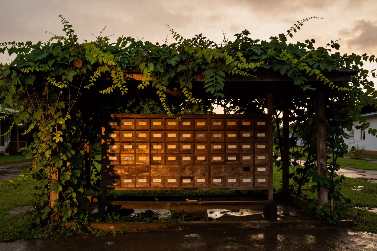 Silhouetted Abandoned Post Office Honduras Rain in along a vine-choked corridor in Honduras