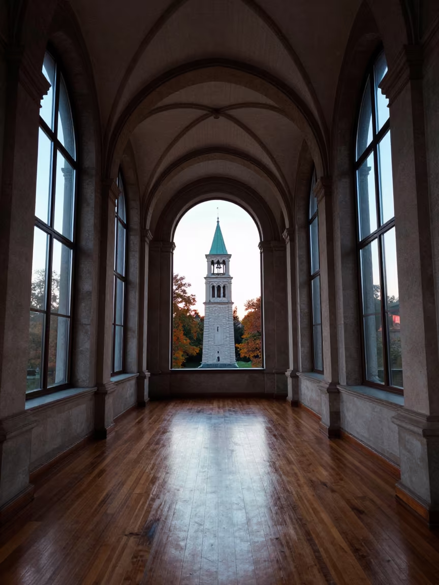 Silhouetted Abbey Tower in Autumn Monastery Hall in along a monastery corridor in Katowice