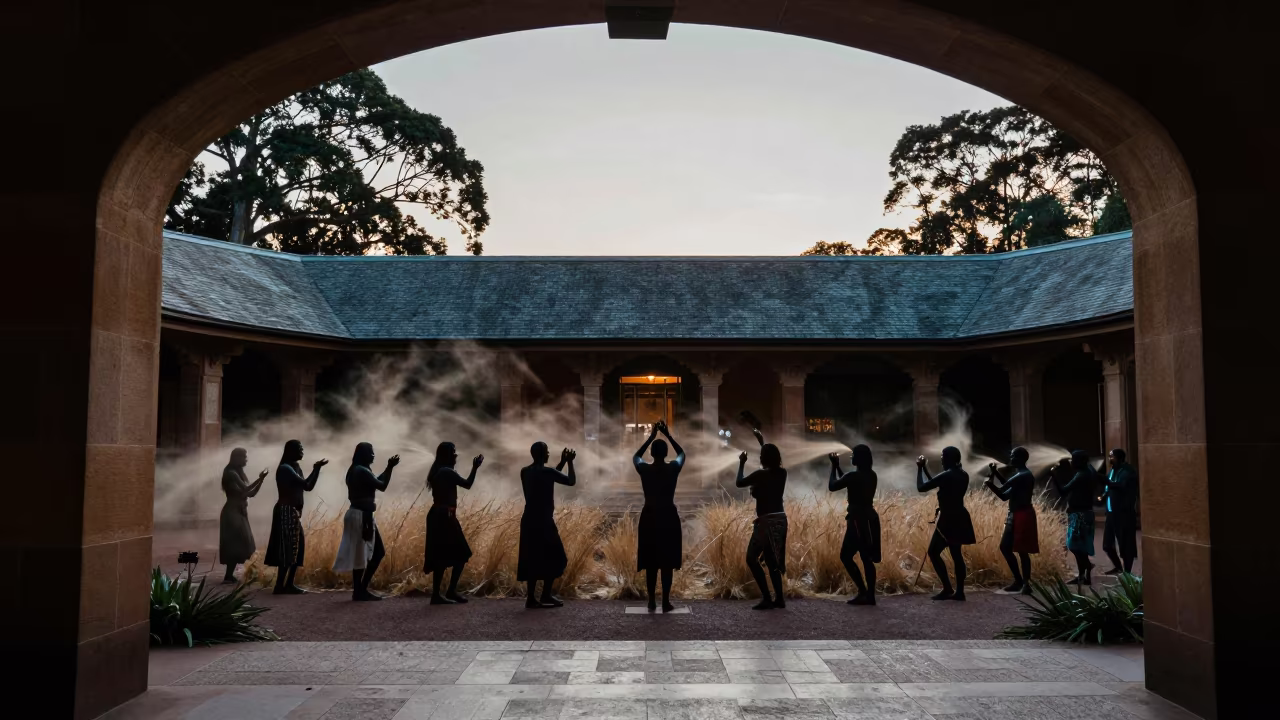 Silhouetted Aboriginal Songline Ceremony Sydney Sunset in in a temple courtyard in Darlinghurst, Sydney