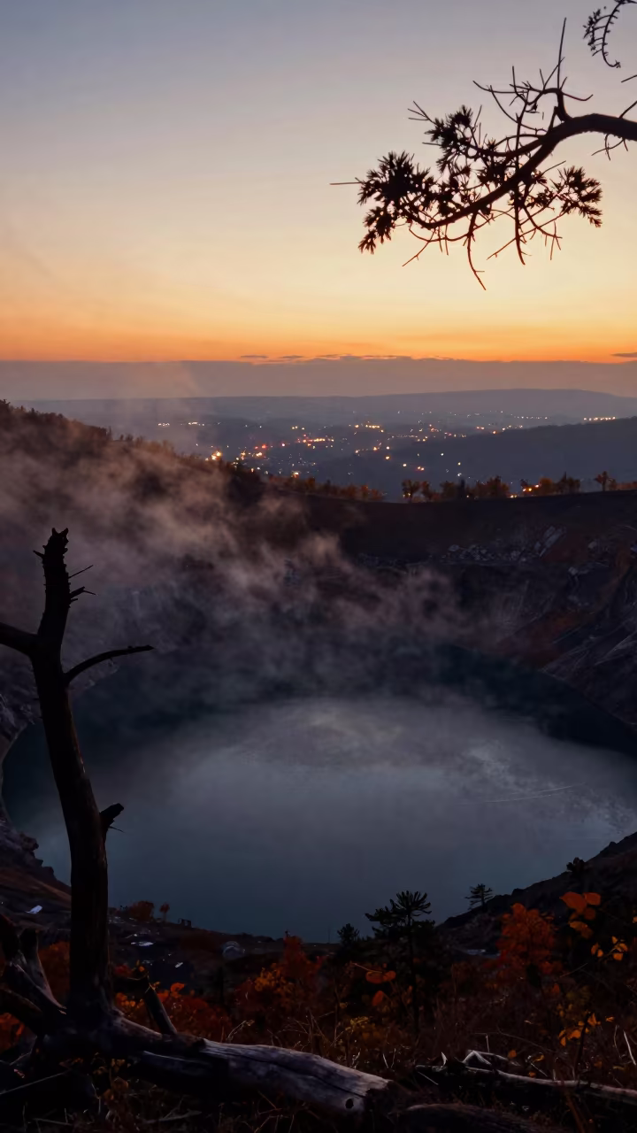 Silhouetted Acid Lake in Georgian Crater Mist in in Georgia