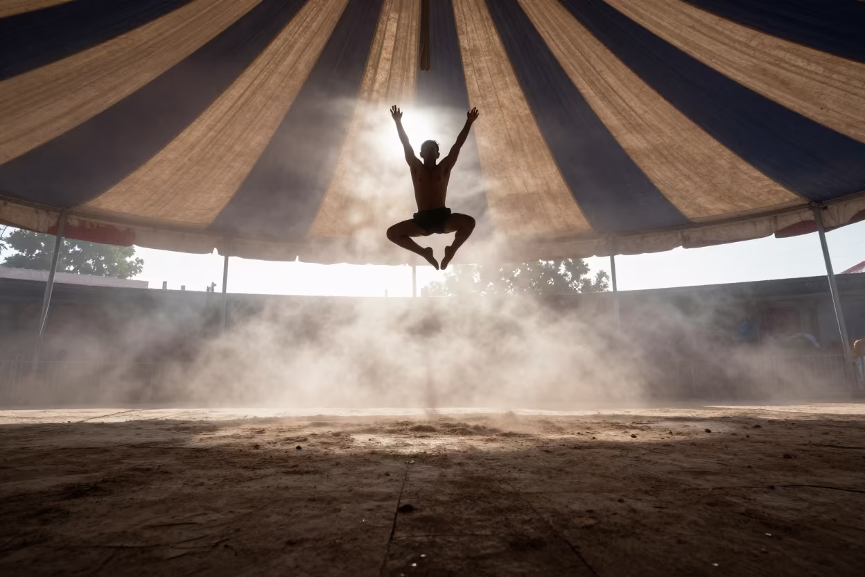 Silhouetted Acrobat in Puebla Tent Fog in under a circus tent in Puebla