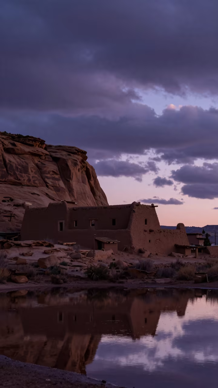Silhouetted Adobe Pueblo Under Cliff at Twilight in in United States