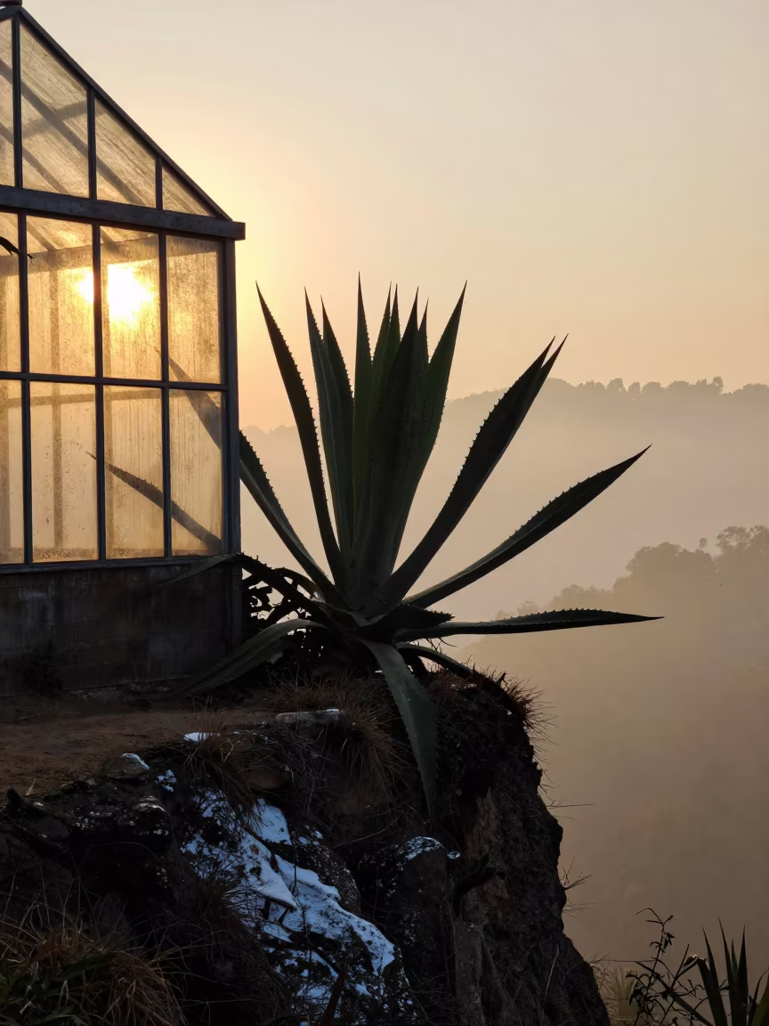 Silhouetted Agave Rosette Backlit by Winter Sunset in along a salt-sprayed cliff edge in Nepal