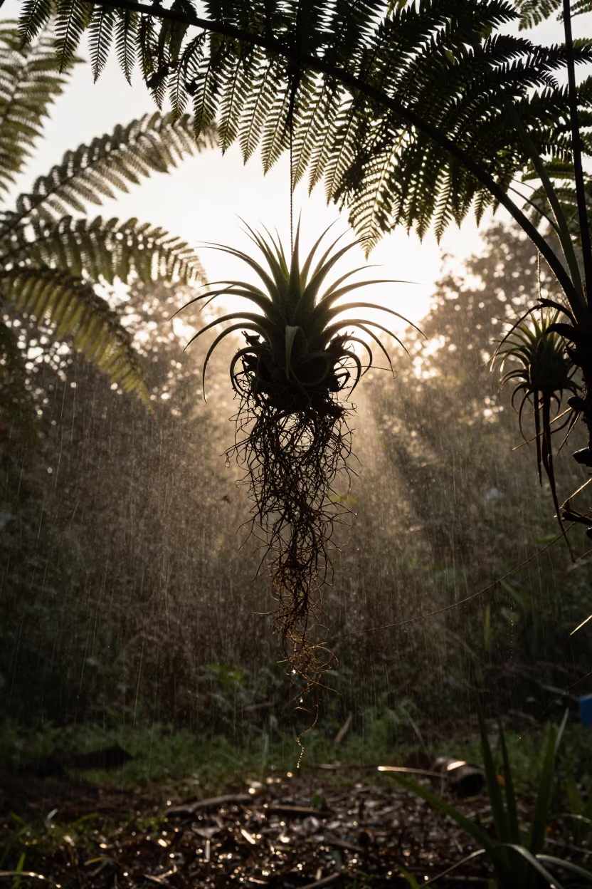 Silhouetted Air Plant in Morning Forest Light in on a fern-lined forest floor near Guadalajara