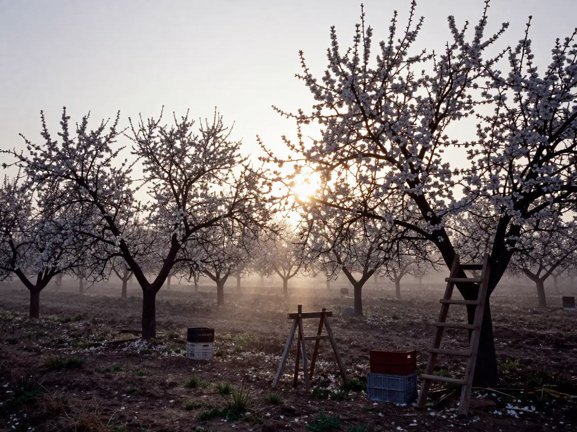 Silhouetted Almond Orchard Mist at Sunrise Tehran in among orchard ladders and crates near Vali-e Asr, Tehran
