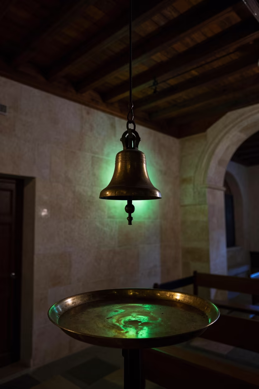 Silhouetted Alms Tray Bells Neon Light Belgrade Nave in inside a candlelit nave in Belgrade