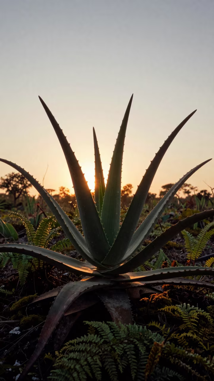Silhouetted Aloe Vera on Forest Floor Lahore in on a fern-lined forest floor near Lahore