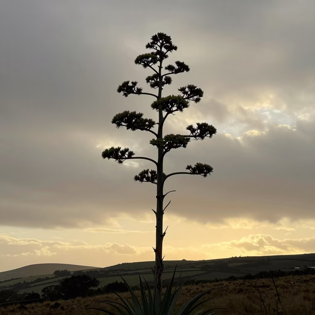 Silhouetted Aloe Vera Against Welsh Evening Sky in in Wales