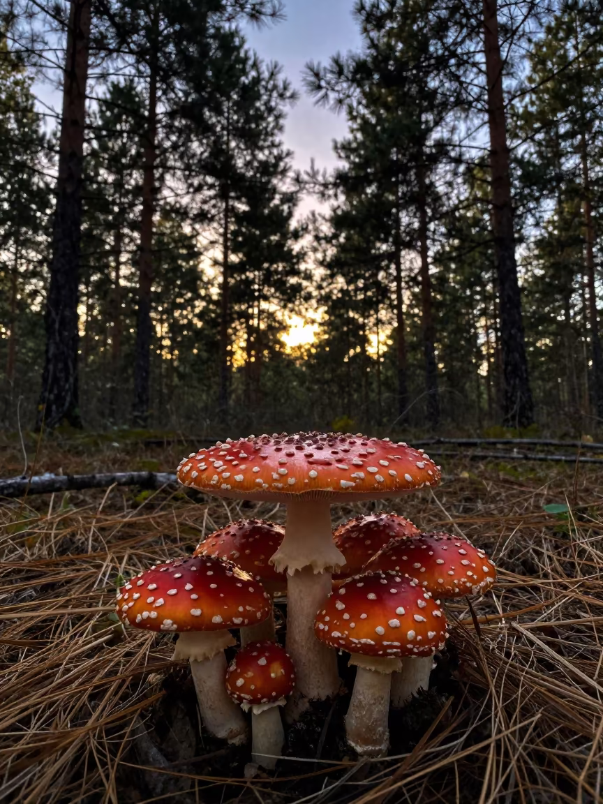 Silhouetted Amanita Mushrooms in Pine Forest in near Bingerville