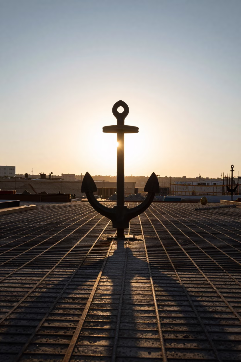 Silhouetted Anchor Bolt Template on Israel Deck in on an active construction deck in Israel