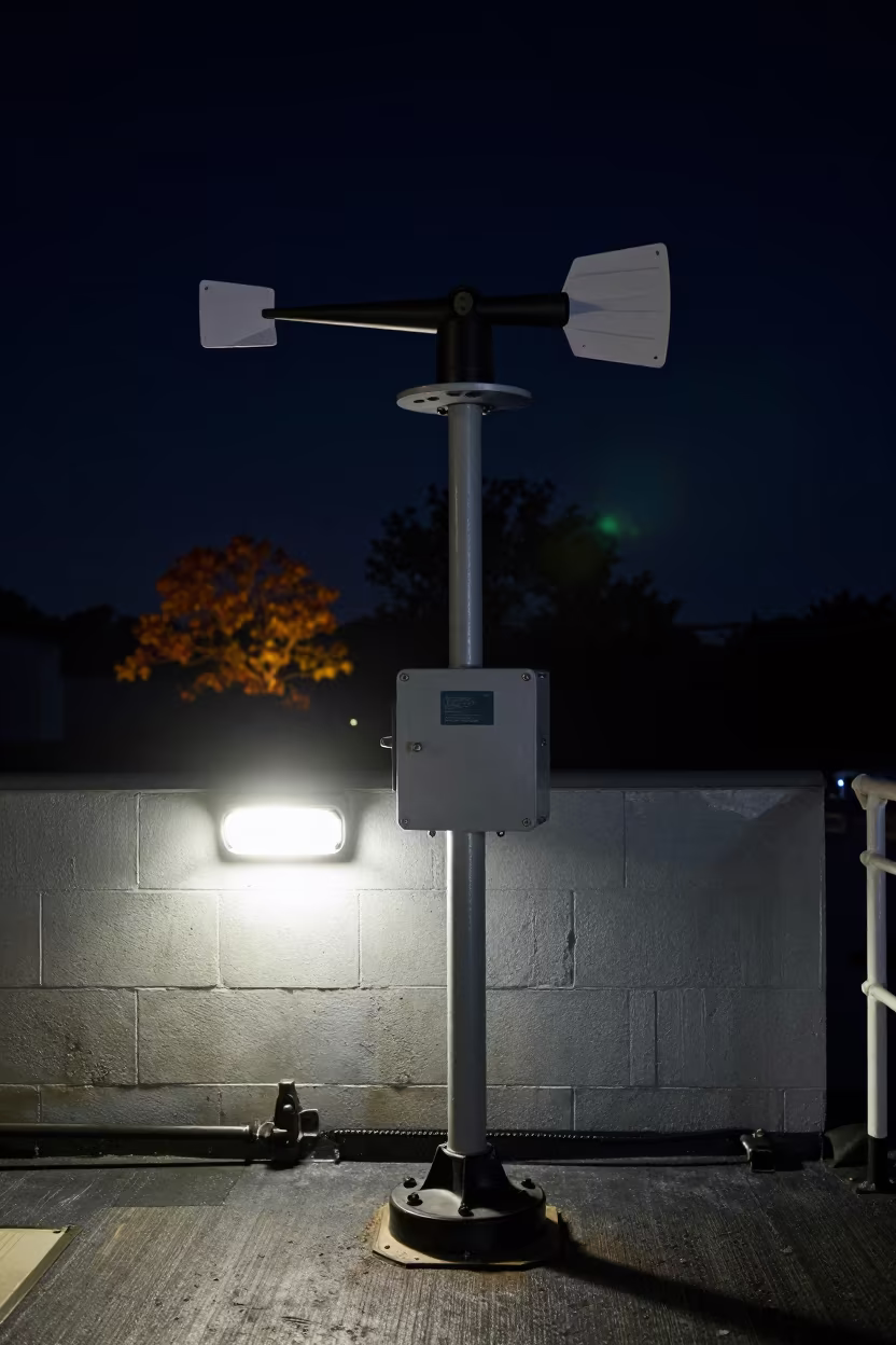 Silhouetted Anemometer on Naval Deck at Night in on a naval deck in rough wind near Zhengzhou