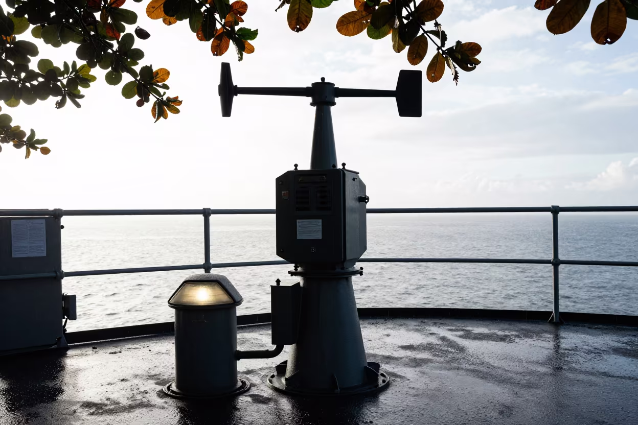 Silhouetted Anemometer on Naval Deck in on a naval deck in rough wind in Slovenia