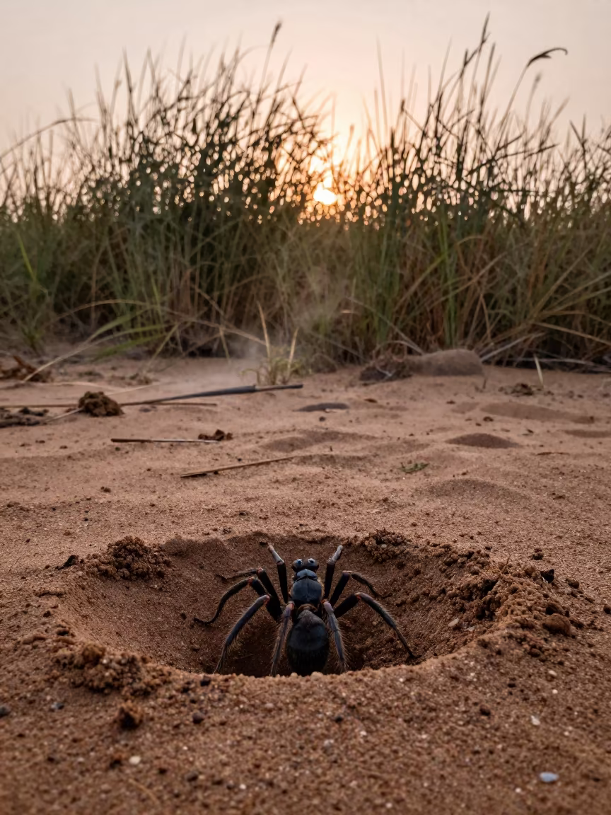 Silhouetted Ant Lion Pit in Copper Sand in at the edge of a reed bed in Lesotho