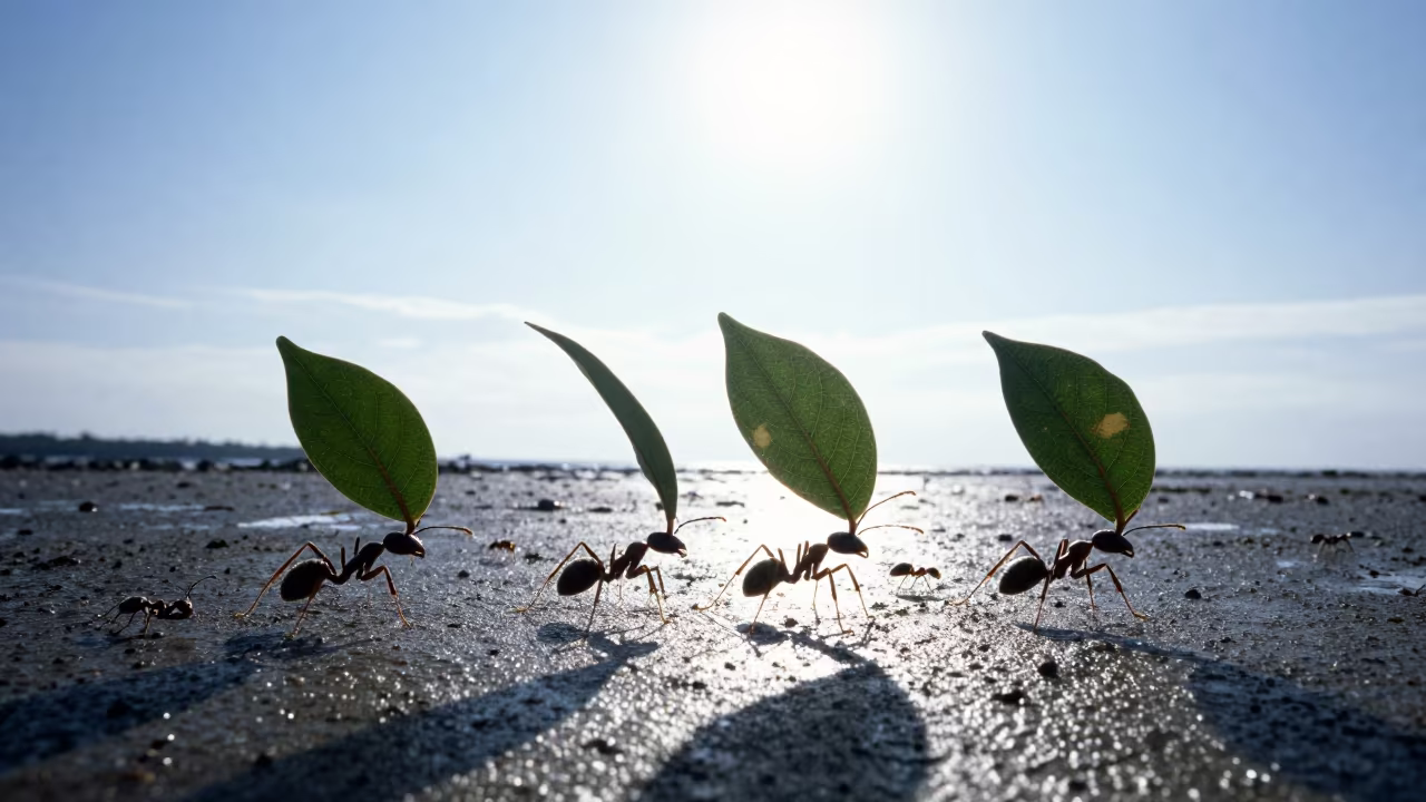 Silhouetted Ants Carrying Leaves at Tidal Inlet in beside a tidal inlet in West Virginia