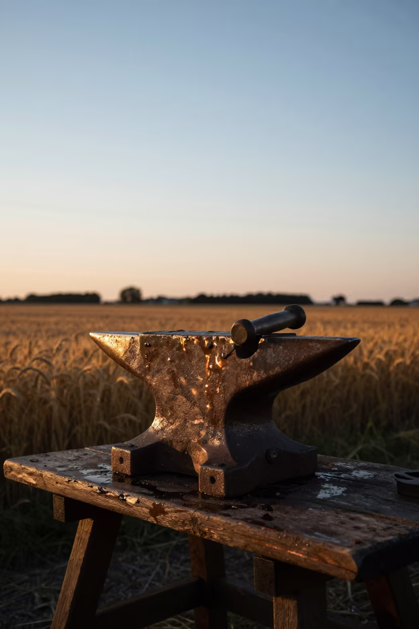 Silhouetted Anvil on Tack Bench in Bremen Field in across a harvested grain field in Bremen