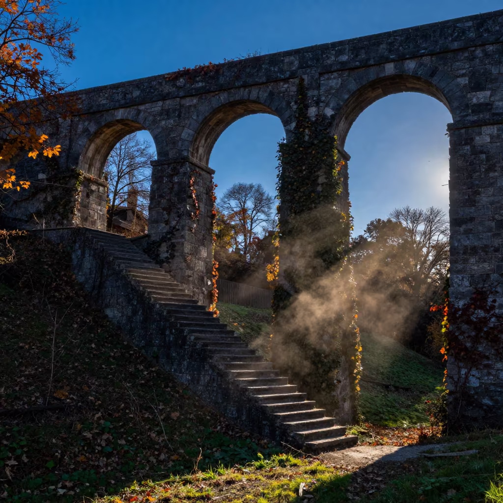 Silhouetted Aqueduct Stair Amidst Evening Blue Light in beside ivy-draped masonry near Magdeburg