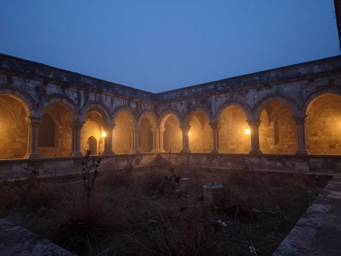 Silhouetted Arches in Misty Monastery Twilight in in a monastery courtyard in Reading Terminal, Philadelphia