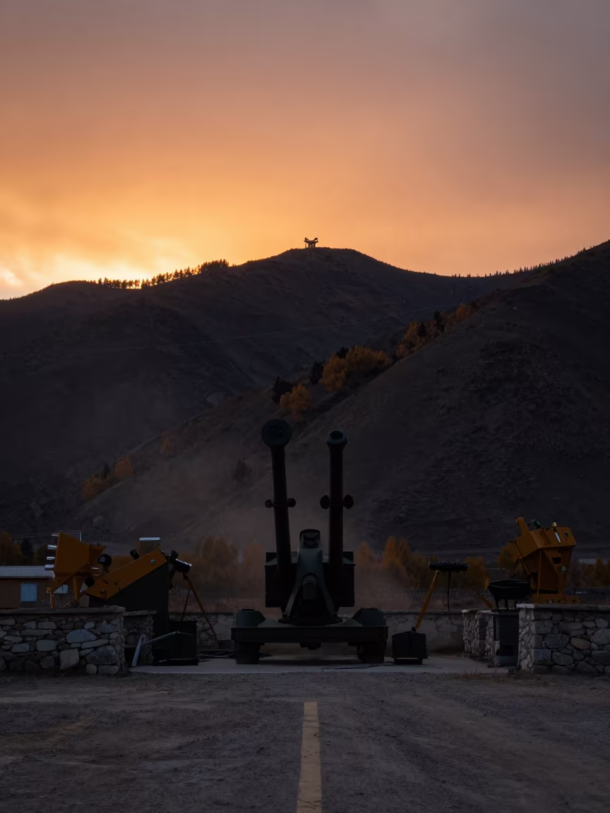 Silhouetted Artillery Battery at Tibetan Sunset in at a checkpoint lane in Tibet