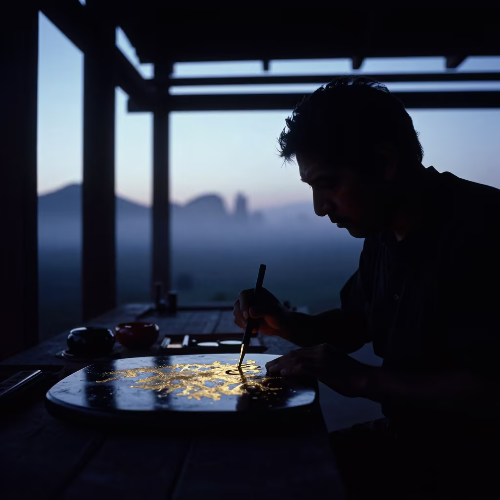 Silhouetted Artist Applies Gold Leaf at Blue Hour in near Matamoros