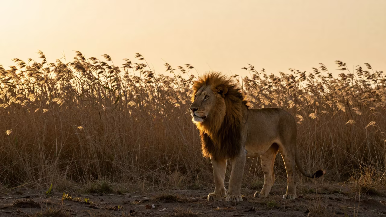 Silhouetted Asiatic Lion at Golden Hour in Gir Forest in at the edge of a reed bed in Pakistan