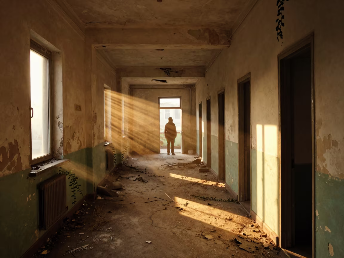 Silhouetted Asylum Corridor Golden Hour in inside a ruined hospital wing open to drafts in Constanta