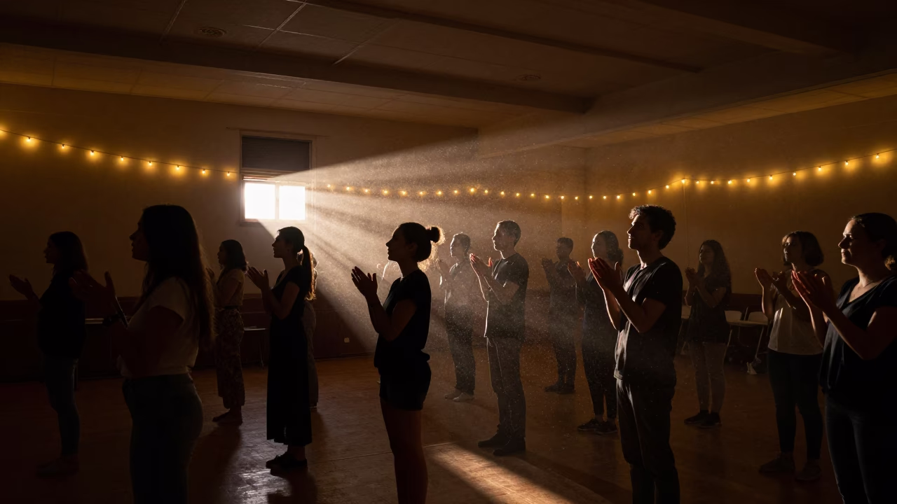 Silhouetted Audience Rising in Aba Rehearsal Room in in a rehearsal room in Aba