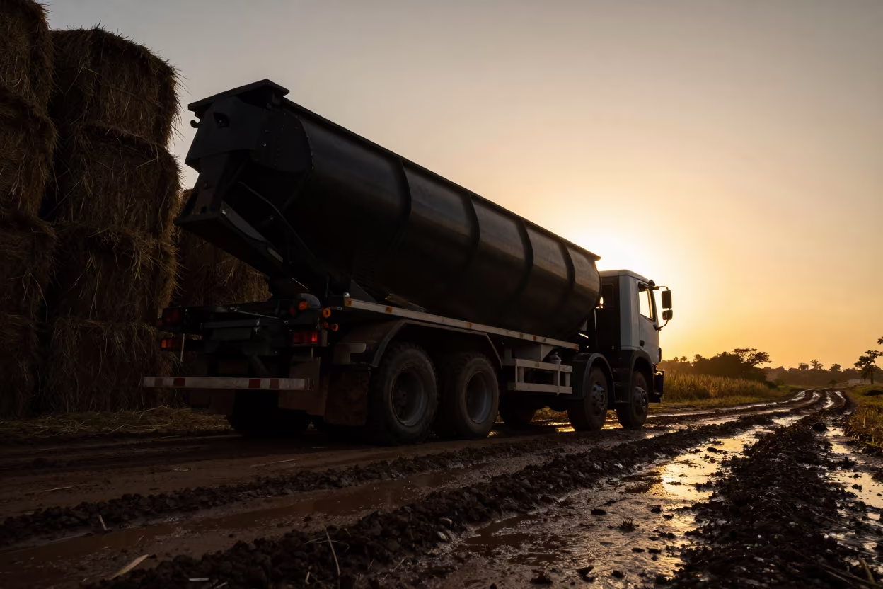 Silhouetted Auger Truck in Ceará Harvest Lane in beside stacked hay bales in Ceará