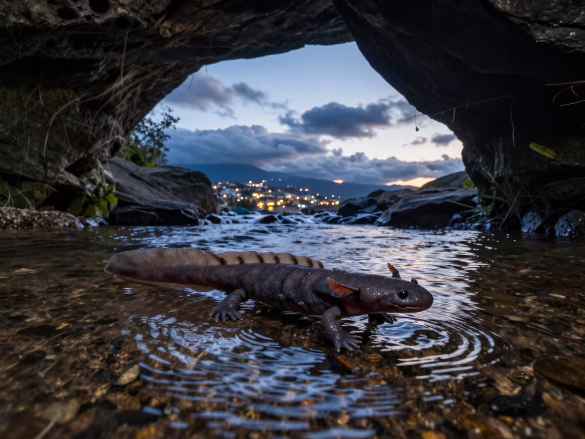 Silhouetted Axolotl Amidst Glacial Stream Clouds in above a glacial stream near Guadalupe