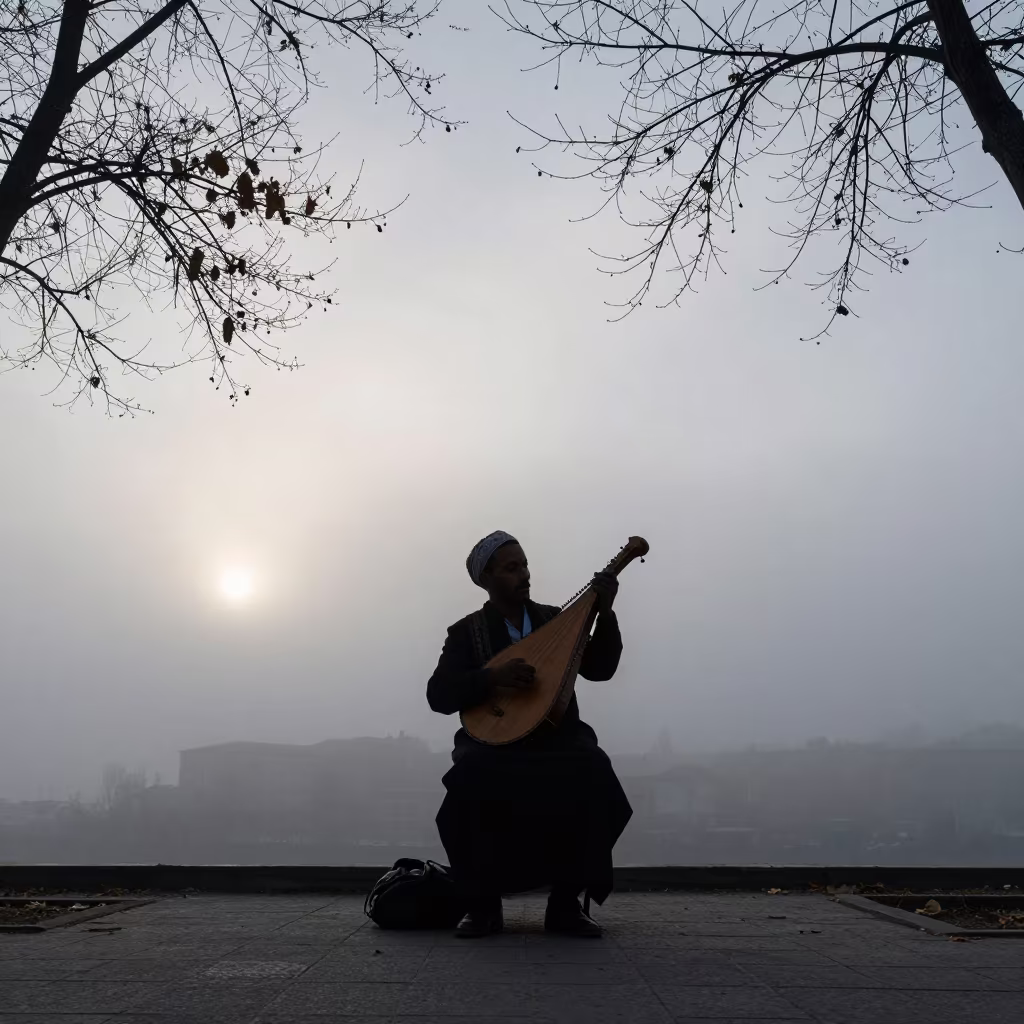 Silhouetted Azmari Singer in Rustavi Dawn Mist in at a street corner busking spot in Rustavi