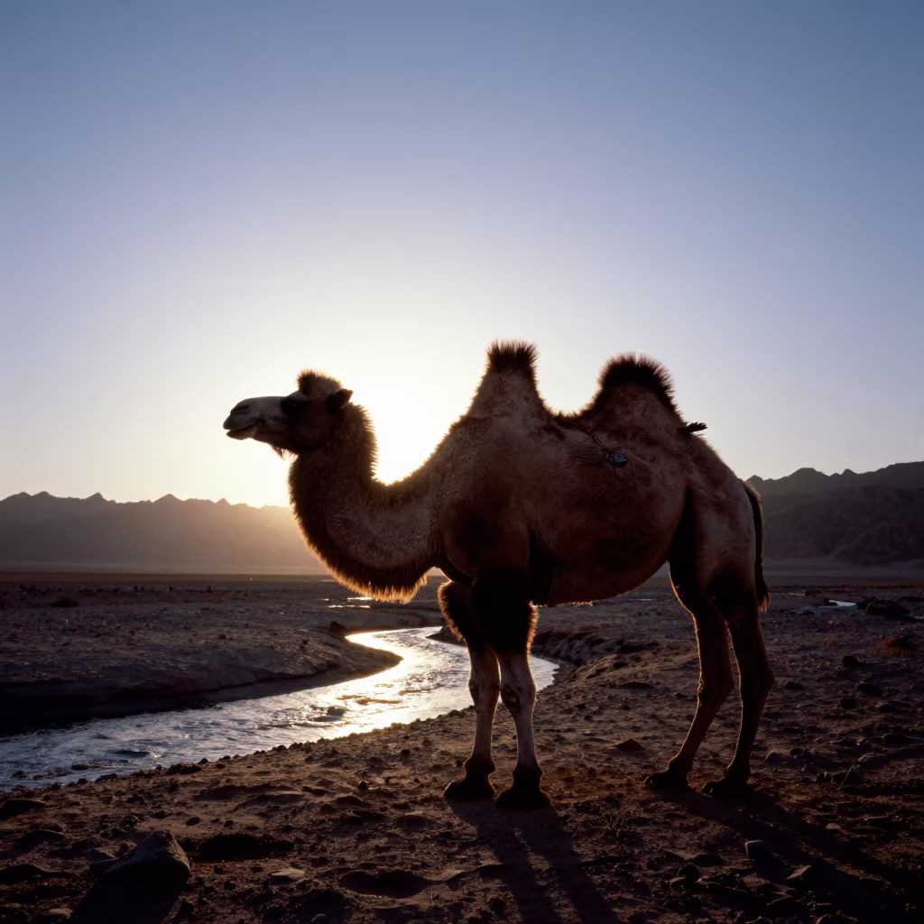 Silhouetted Bactrian Camel Near Sinai Stream in above a glacial stream in Sinai