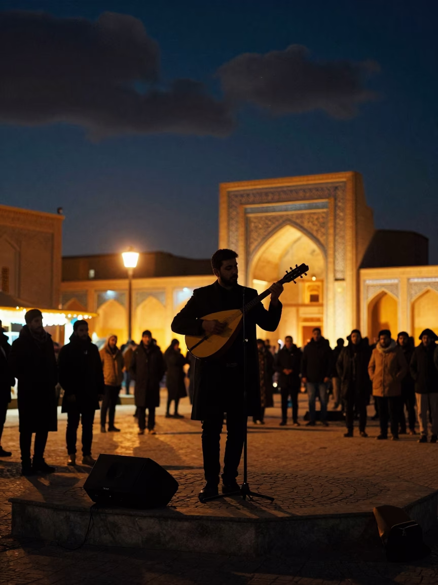 Silhouetted Balalaika Player in Winter Night Market in at a street corner busking spot in Mazar-i-Sharif