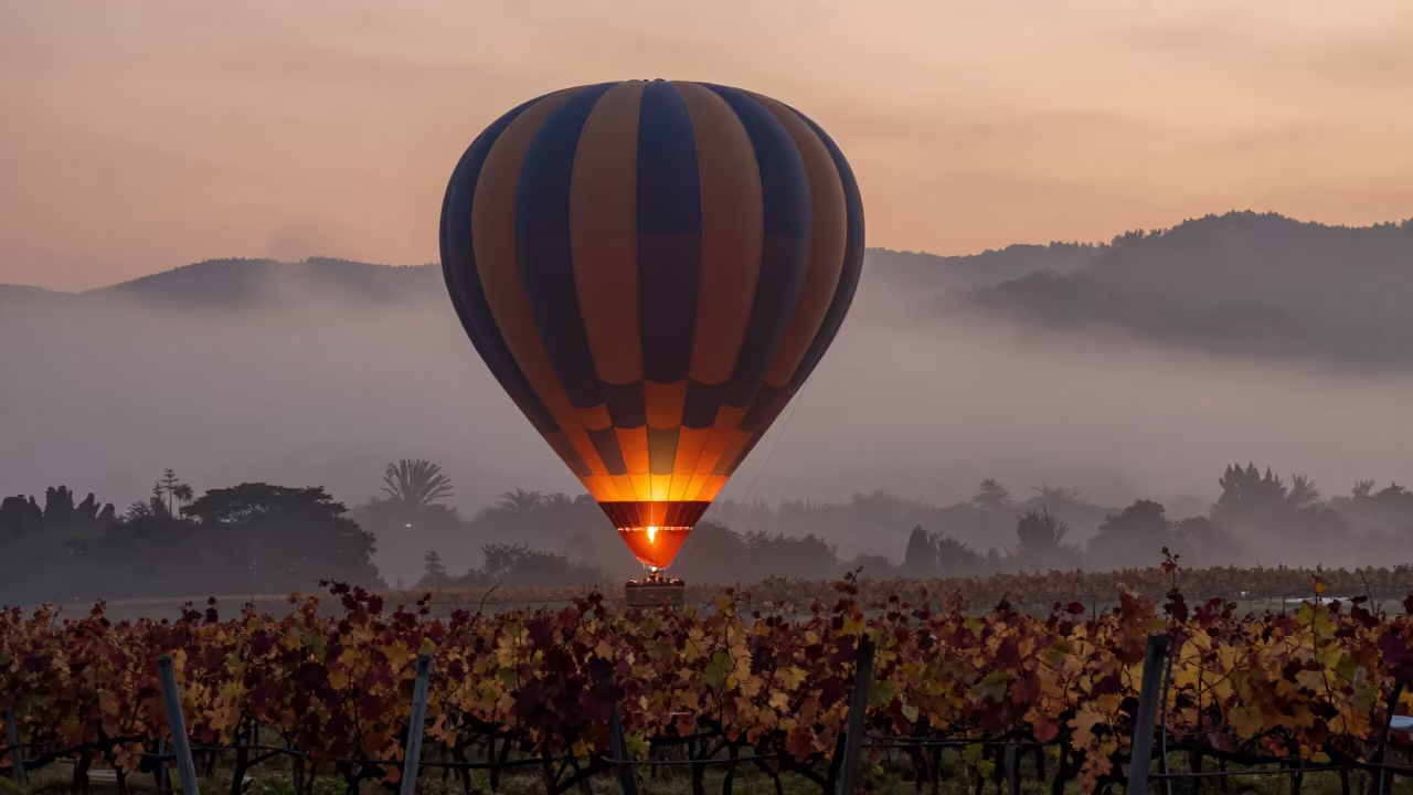 Silhouetted Balloon Over Wanhua Vineyards at Dusk in between vineyard trellises in Wanhua, Taipei
