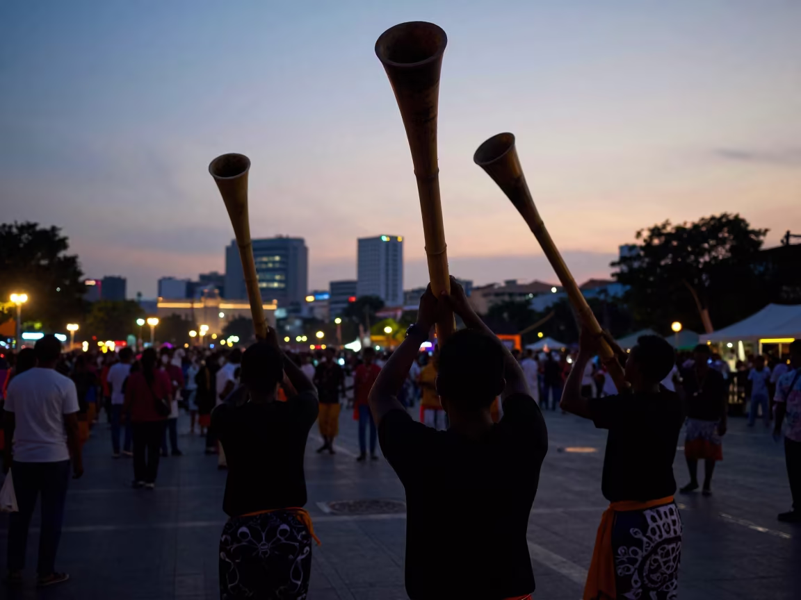 Silhouetted Bamboo Horns in Saigon Square in at a public square during a festival in Ho Chi Minh City