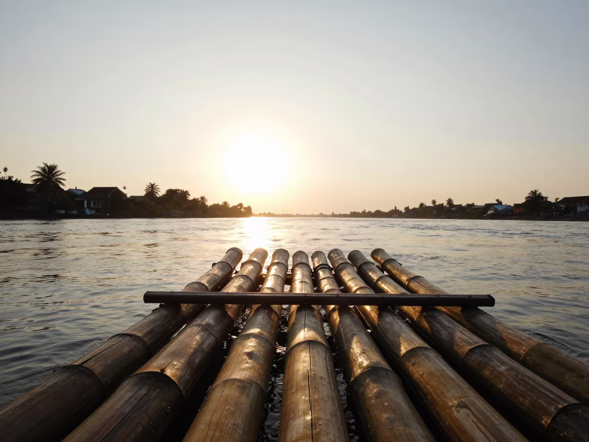 Silhouetted Bamboo Raft on Cartagena Causeway in on a wind-open causeway near Bocagrande, Cartagena
