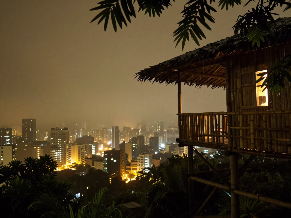 Silhouetted Bamboo Treehouse in Brazil Monsoon in in Brazil