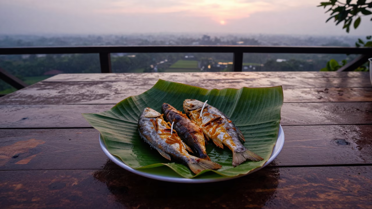 Silhouetted Banana Leaf Fish Plate Jakarta Twilight in on a weathered outdoor table near Glodok, Jakarta