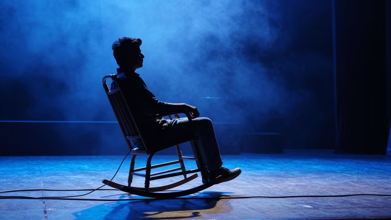 Silhouetted Banjo on Theater Stage at Twilight in on a theater stage in Meerut