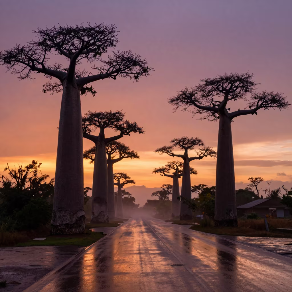 Silhouetted Baobab Avenue at Madagascar Sunset in near Toamasina
