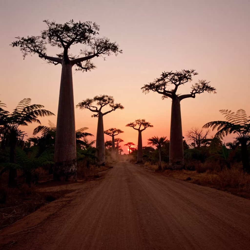 Silhouetted Baobab Avenue at Sunset Madagascar in on a fern-lined forest floor near Antananarivo