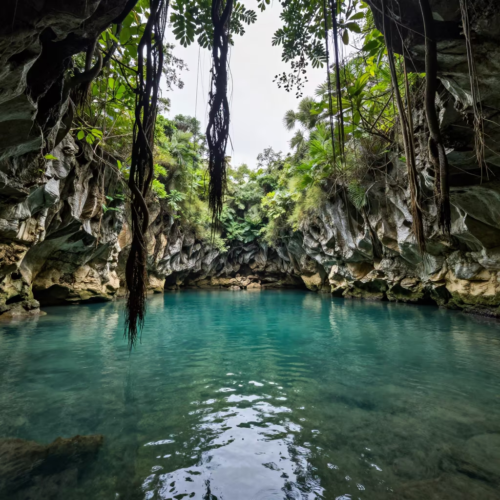 Silhouetted Barbados Cenote Roots Wet Season in across a wide valley floor in Barbados