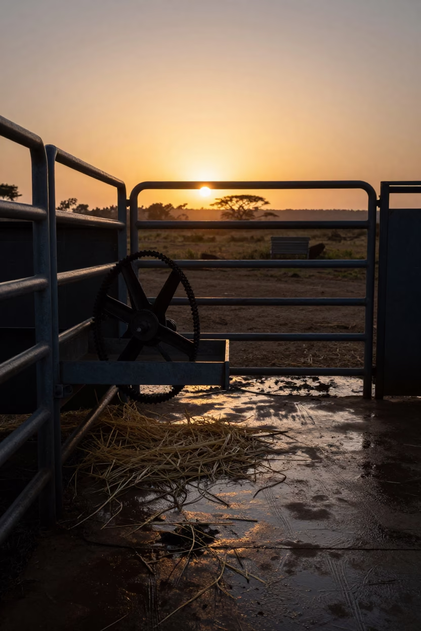 Silhouetted Barn Fan Belt in Kenyan Corral in inside a ranch corral in Kenya