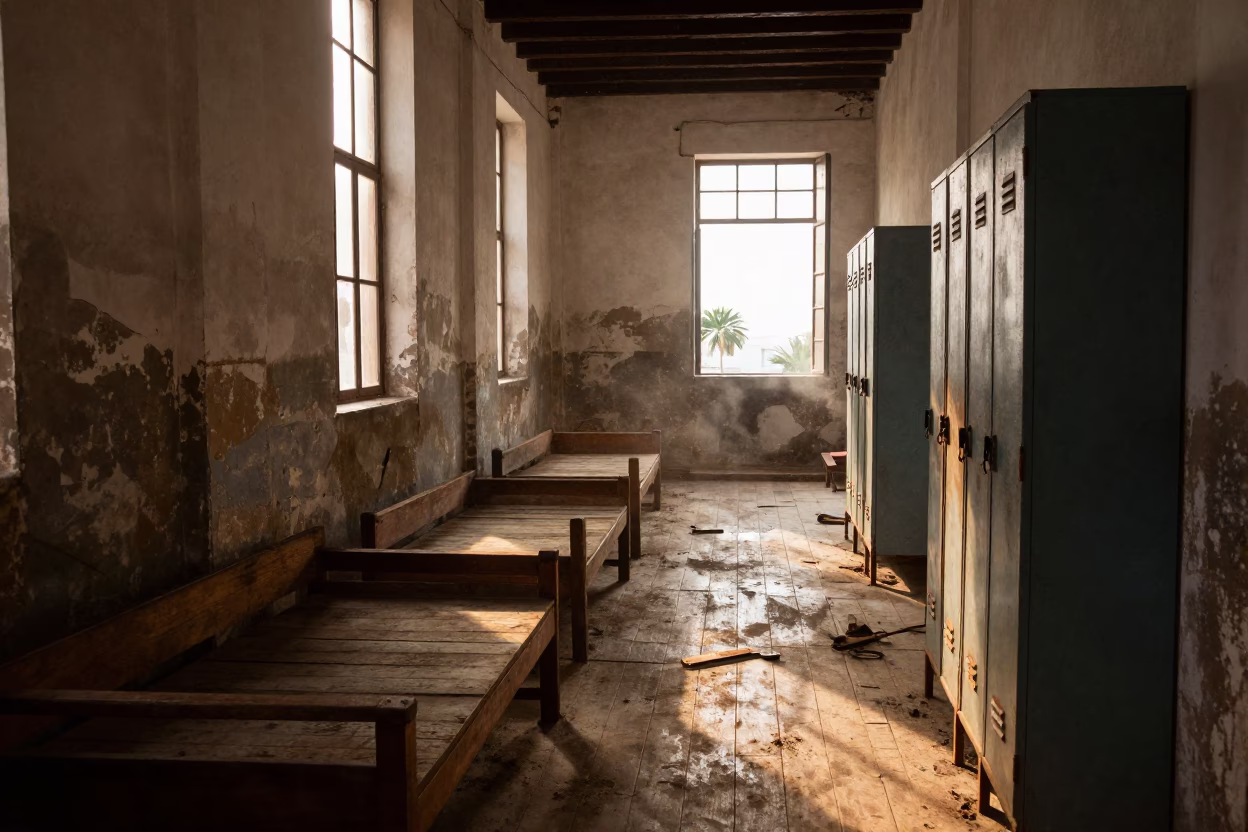 Silhouetted Barracks Aisle Against Monsoon Mist in inside a ruined barracks aisle with cots and rusted lockers in Getsemani, Cartagena