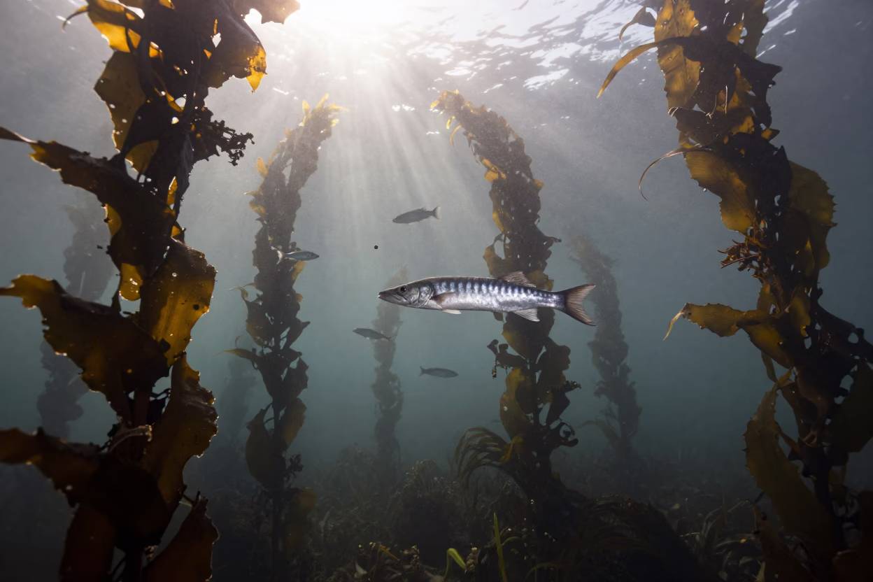 Silhouetted Barracuda Through Kelp at Dawn in through a forest of kelp fronds in Italy