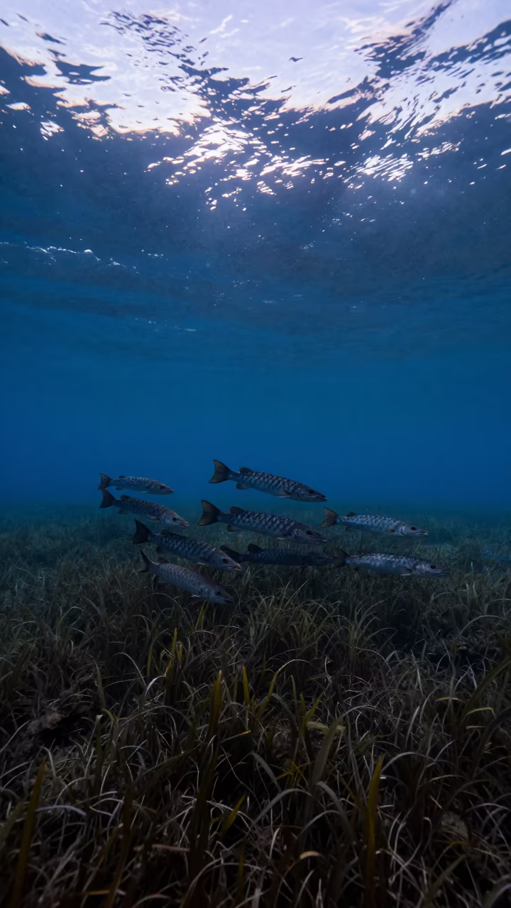 Silhouetted Barracuda School Twilight Sicily in above a seagrass meadow in Sicily