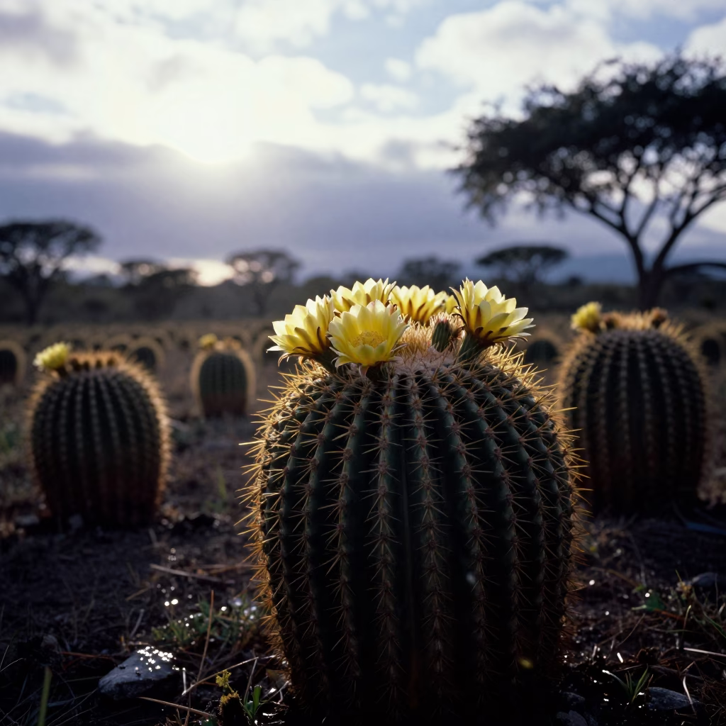 Silhouetted Barrel Cactus with Yellow Flowers in Amazon Meadow in in a bloom-heavy meadow in the Amazon